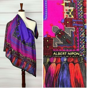 Albert Nipon Wool Square Scarf Purple Multicolor Persian Motifs Excellent 38x38
